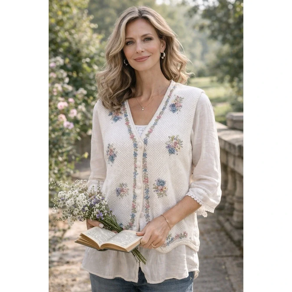 Vtg Studio Vest Womens‎ XL Floral Embroidered Knit Cottagecore Boho Nostalgic